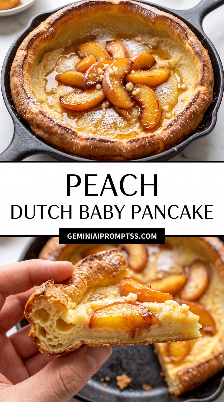 Peach Dutch Baby Pancake showing Dutch baby topped with glossy golden peach slices and brown-sugar syrup