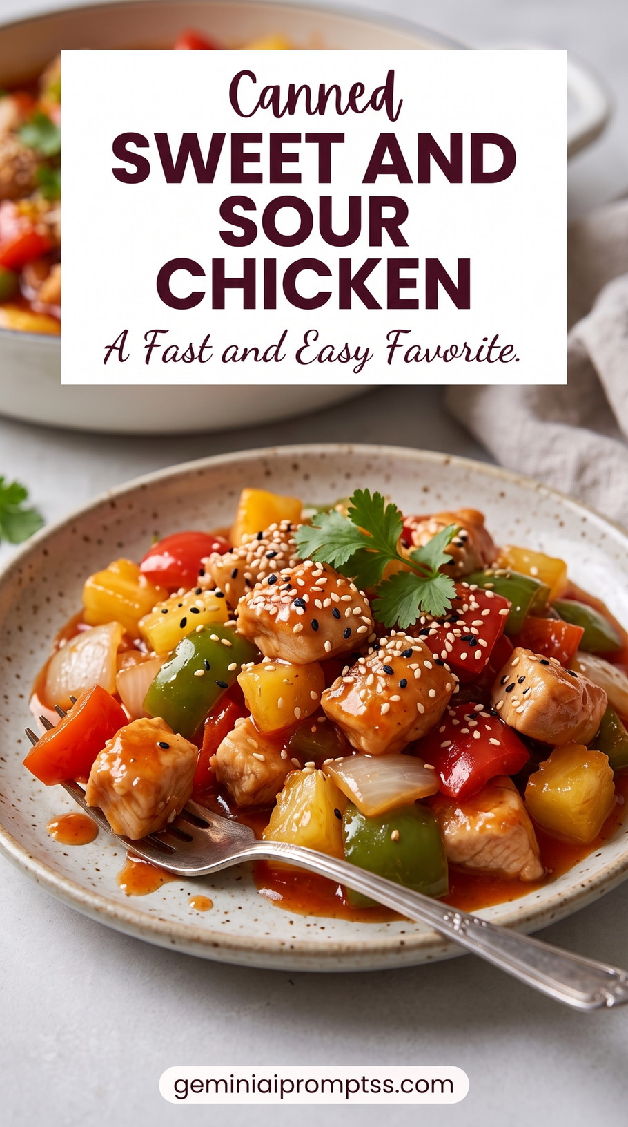 Canned sweet and sour chicken showing a fast pantry-friendly chicken dish with peppers, onion, pineapple, sesame, and cilantro