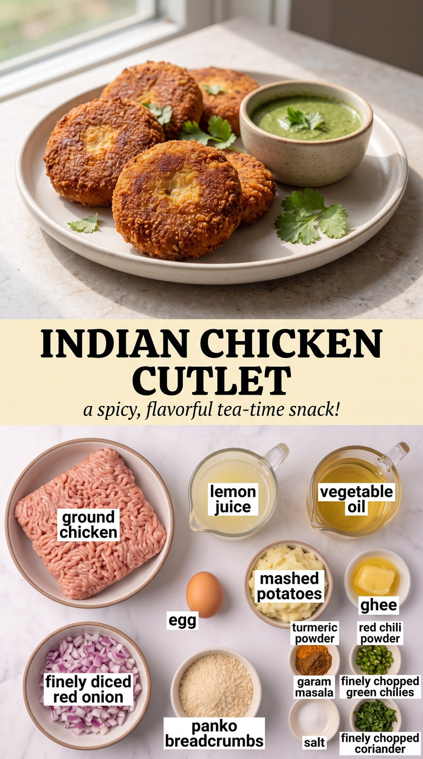 Indian Spiced Chicken and Potato Cutlets prepared as a finished indian chicken cutlet recipe recipe with browned cutlets ready to serve