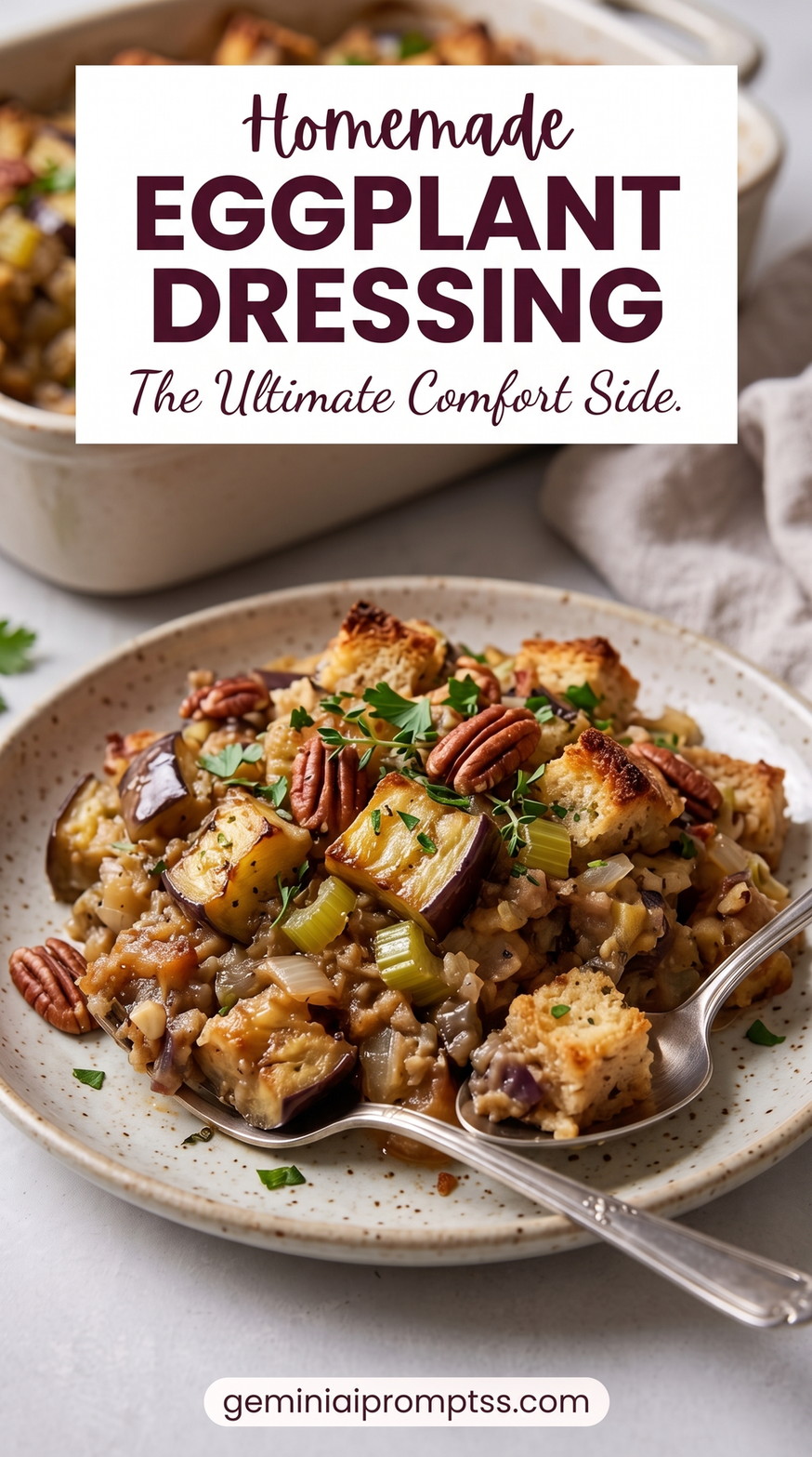 Savory Eggplant Herb Dressing with Pecans showing rustic eggplant dressing with bread cubes, celery, herbs, and pecans