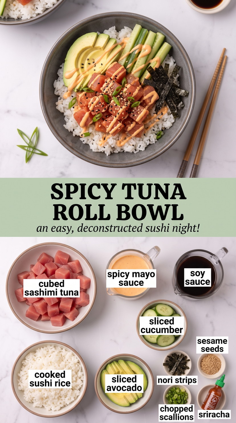 Spicy Tuna Roll Bowl with spicy tuna over sushi rice with cucumber, avocado, nori, sesame, scallions, soy, and spicy mayo