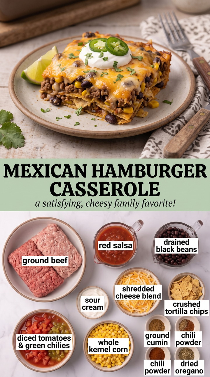 Mexican Hamburger Casserole with layered hamburger casserole with black beans, corn, salsa, tortilla chips, sour cream, and cheese
