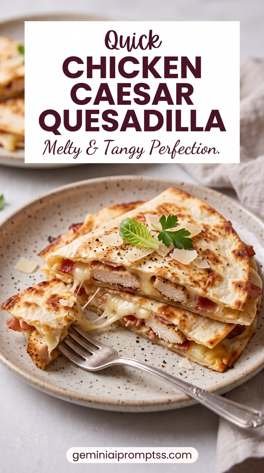 Chicken Caesar Quesadilla with golden chicken, crisp romaine, Parmesan, creamy Caesar-style dressing, and crunchy elements such as croutons or toasted bread