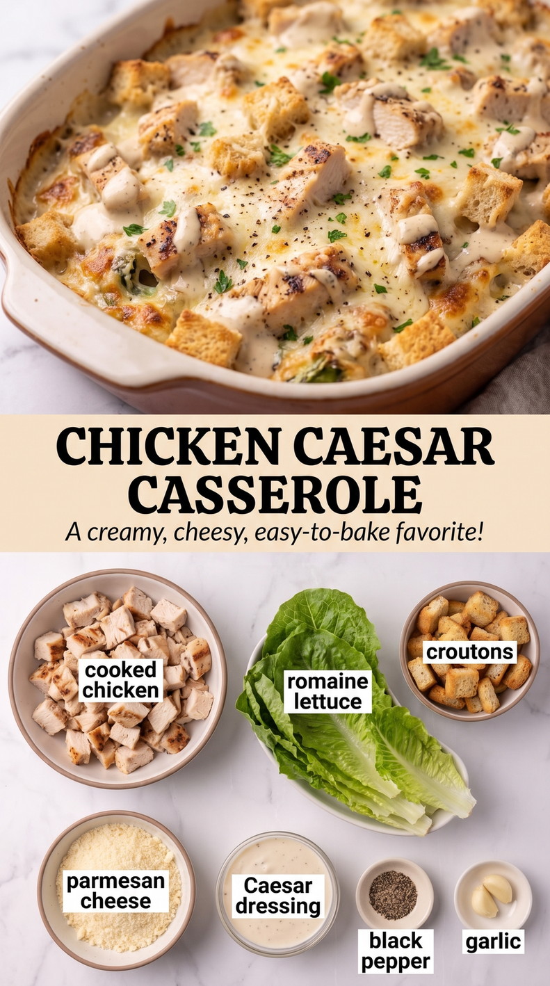 Creamy Chicken Caesar Pasta Casserole - chicken with crisp romaine, Parmesan, Caesar dressing, and crunchy toppings