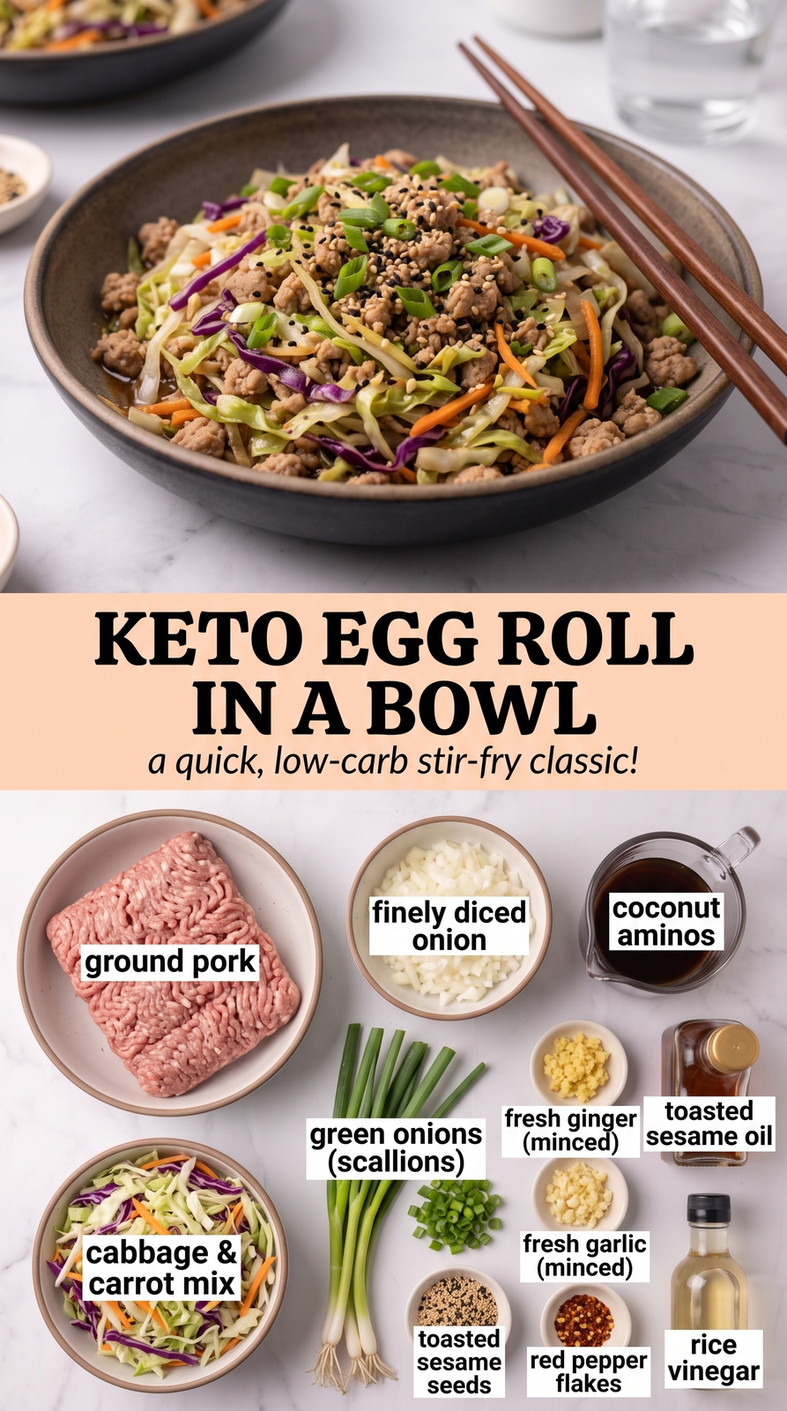 Keto Egg Roll in a Bowl showing ground pork with shredded cabbage, carrots, onion, garlic, ginger, scallions, sesame, and a savory sesame-soy coating