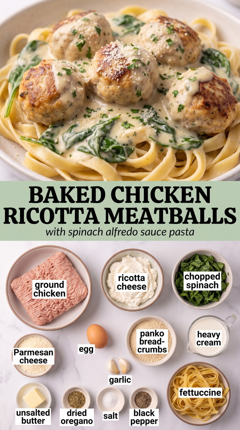 Baked chicken ricotta meatballs with spinach alfredo sauce pasta showing creamy pasta coated in Parmesan sauce with tender chicken