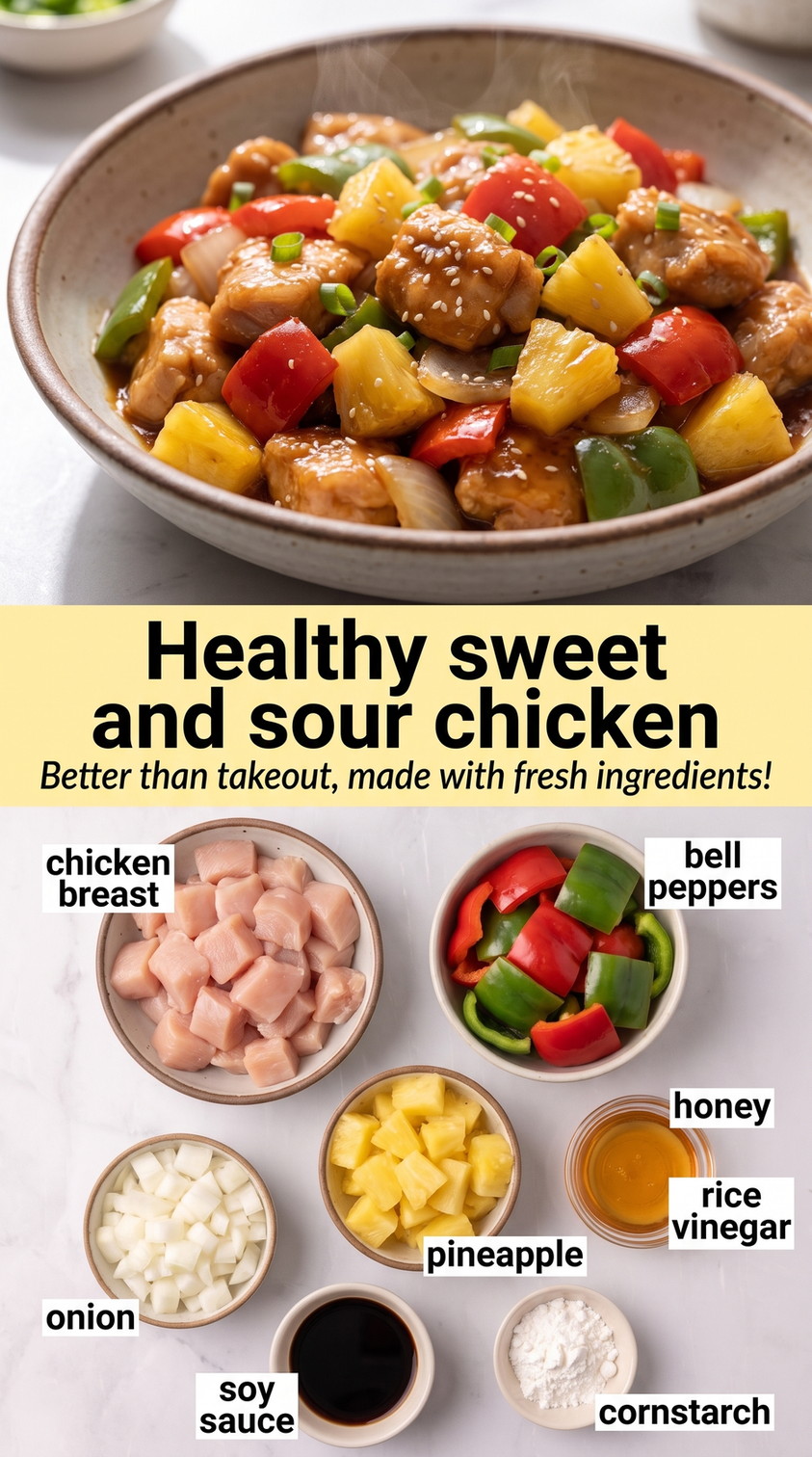 Healthy sweet and sour chicken finished dish made with chicken breast, bell peppers, and onion