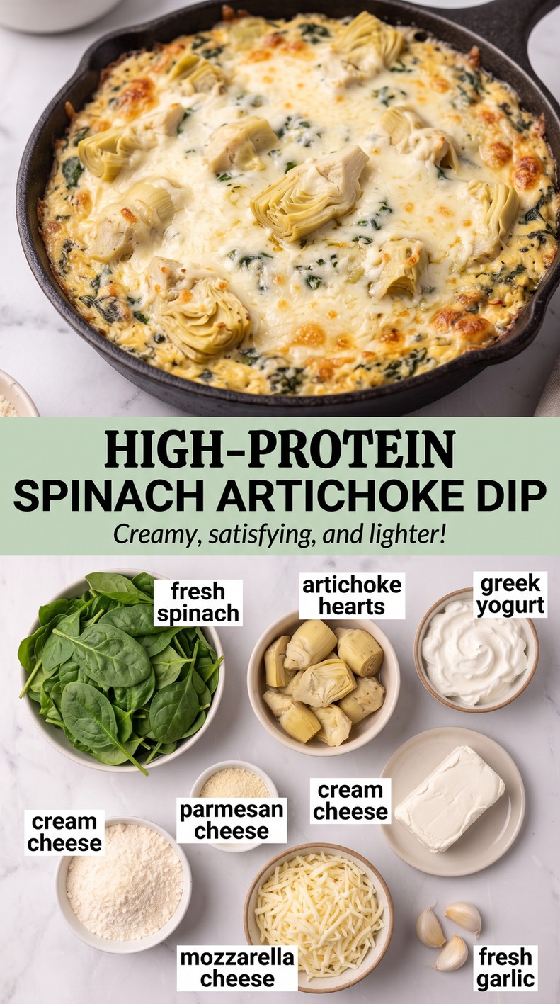 High-protein spinach artichoke dip finished dish made with fresh spinach, artichoke hearts, and Greek yogurt
