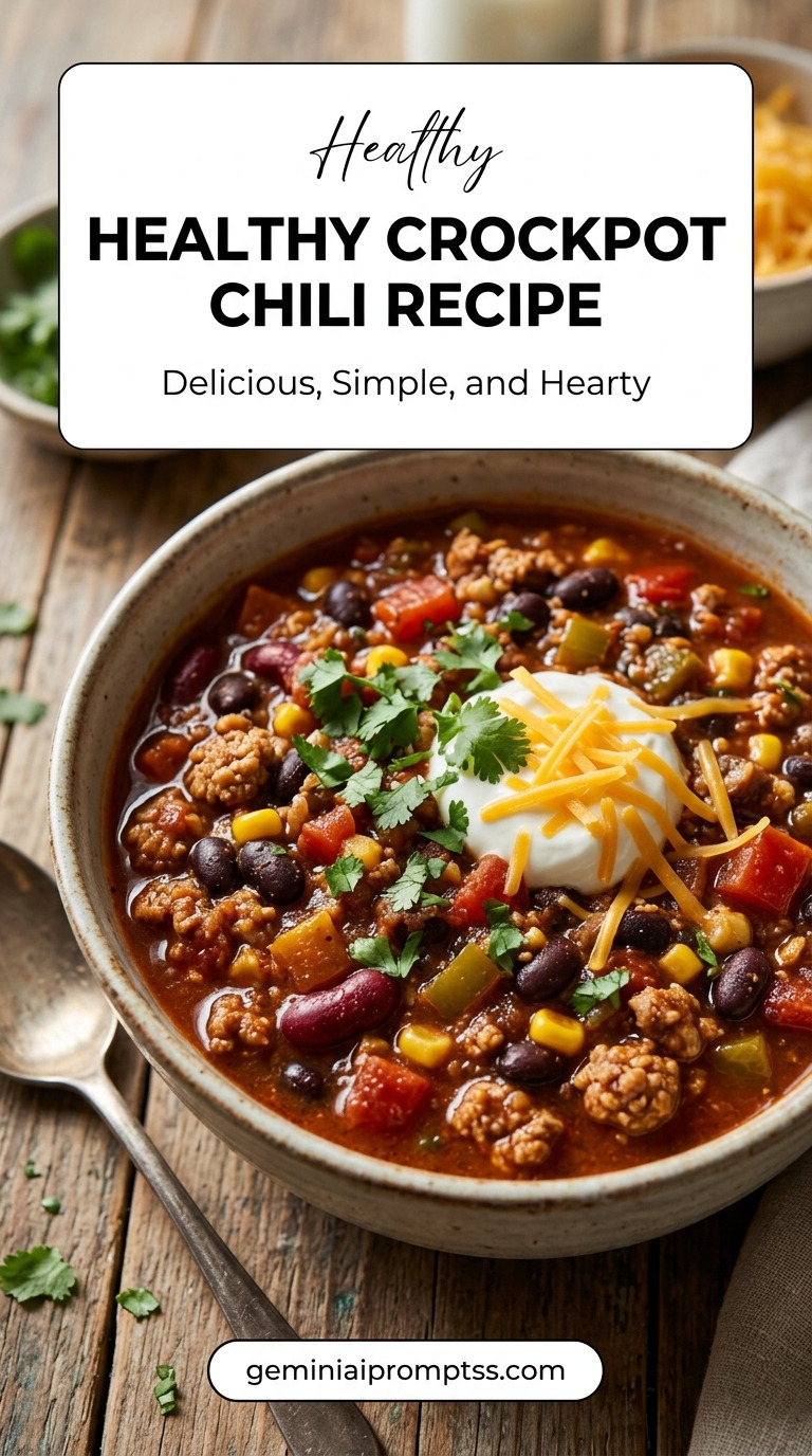 Healthy Crockpot Chili Recipe showing a lighter crockpot chili with lean beef, black and kidney beans, peppers, corn, tomatoes, yogurt, cheddar, and cilantro