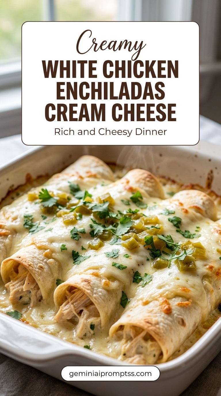 White Chicken Enchiladas Cream Cheese with rolled chicken-filled tortillas, a pale creamy sauce, melted cheese, green chile or herb garnish, and lightly browned edges