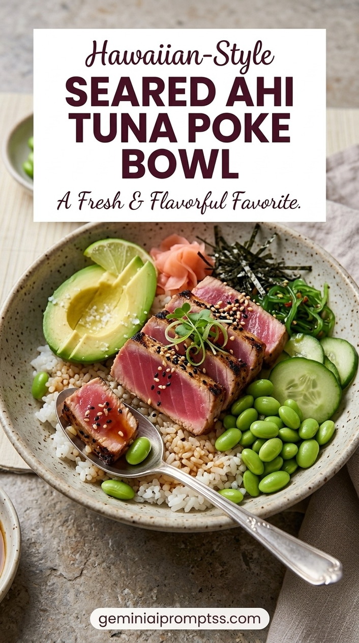 Seared Ahi Tuna Poke Bowl showing seared ahi tuna with rice, avocado, cucumber, edamame, seaweed salad, ginger, and sesame