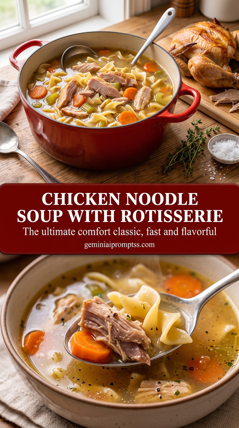 Chicken Noodle Soup with Rotisserie with tender chicken, noodles, carrots, celery, clear golden broth, and a light herb finish