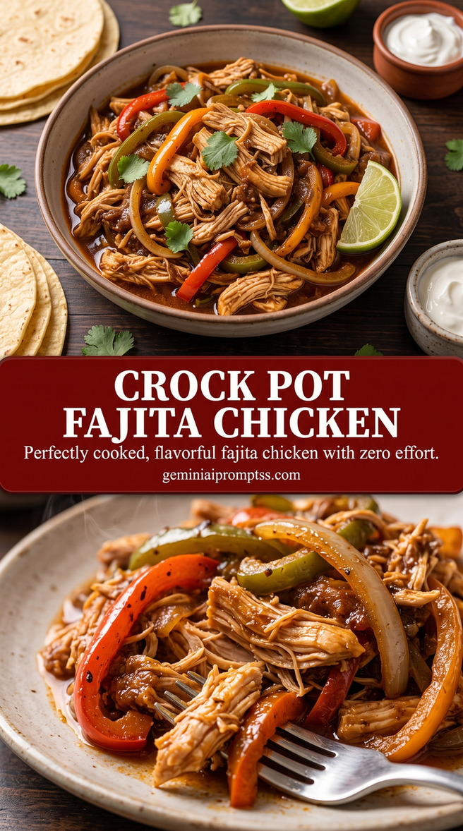 Slow-Cooker Chicken Fajitas with Peppers and Onions finished dish with shredded chicken with red and green peppers and onions