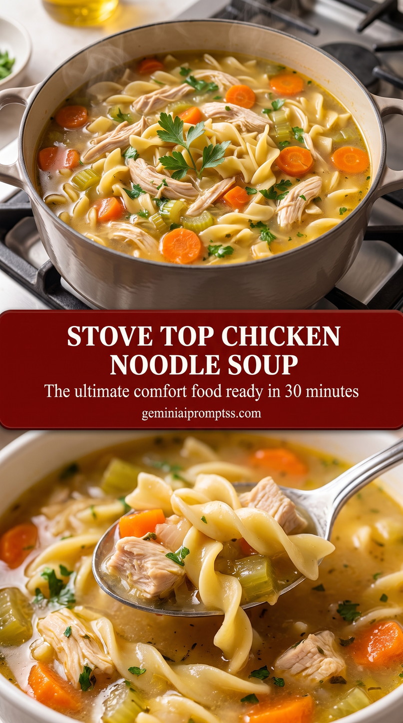 classic stovetop chicken noodle soup with carrots, celery, and wide egg noodles