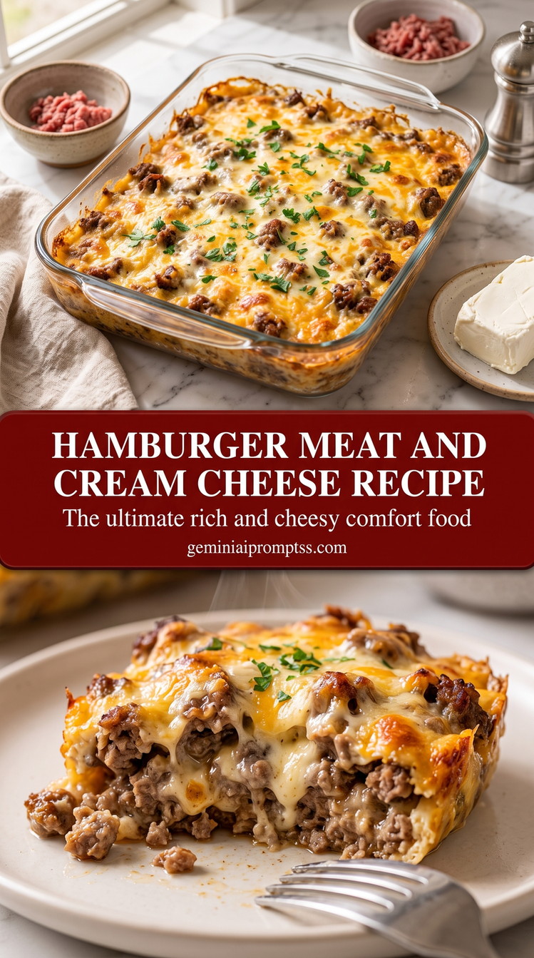 hamburger meat and cream cheese recipes with a baked ground beef casserole with a creamy cheese layer, browned top, and green herb garnish