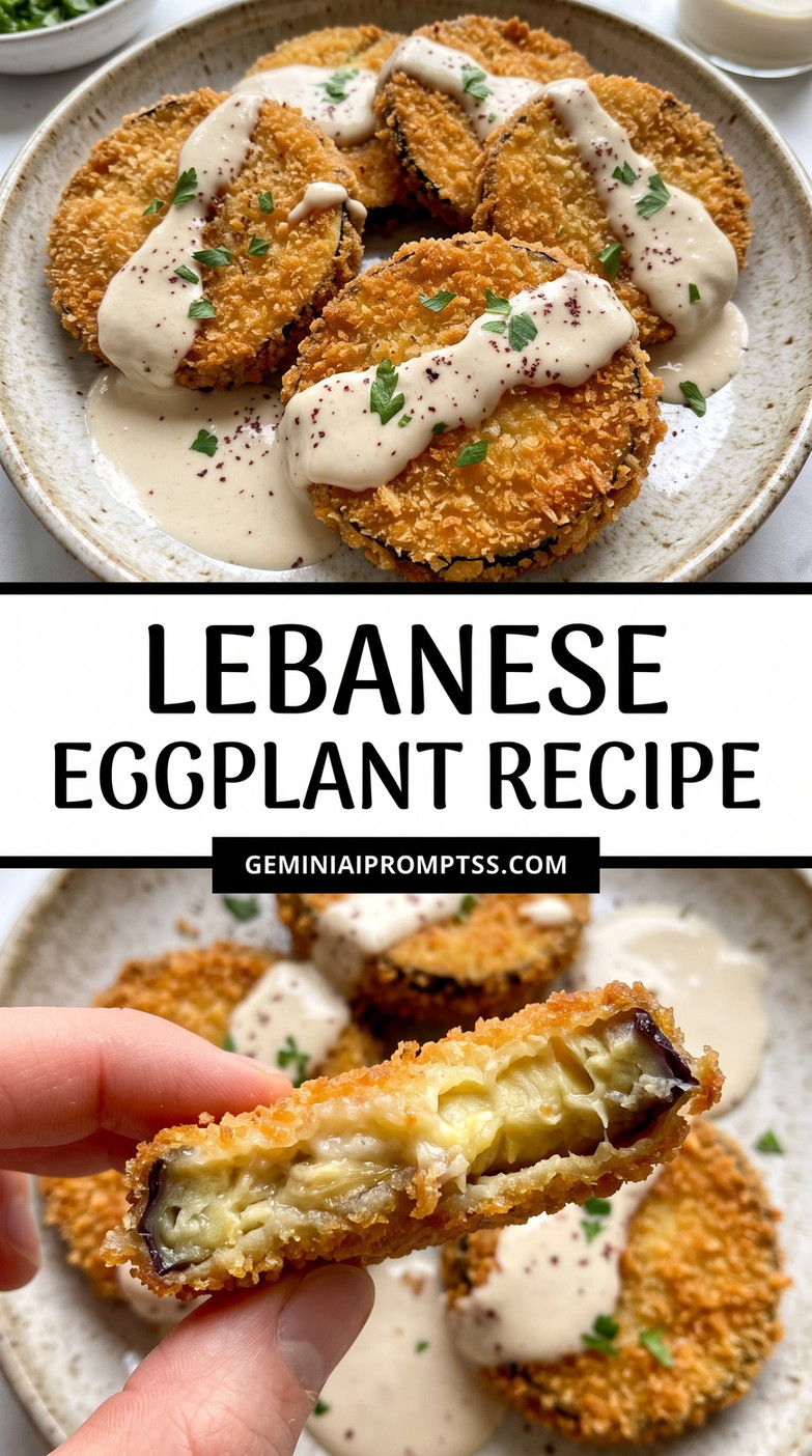 Lebanese Eggplant Recipe showing breaded golden eggplant rounds, creamy white sauce, green herb garnish, red pepper flecks