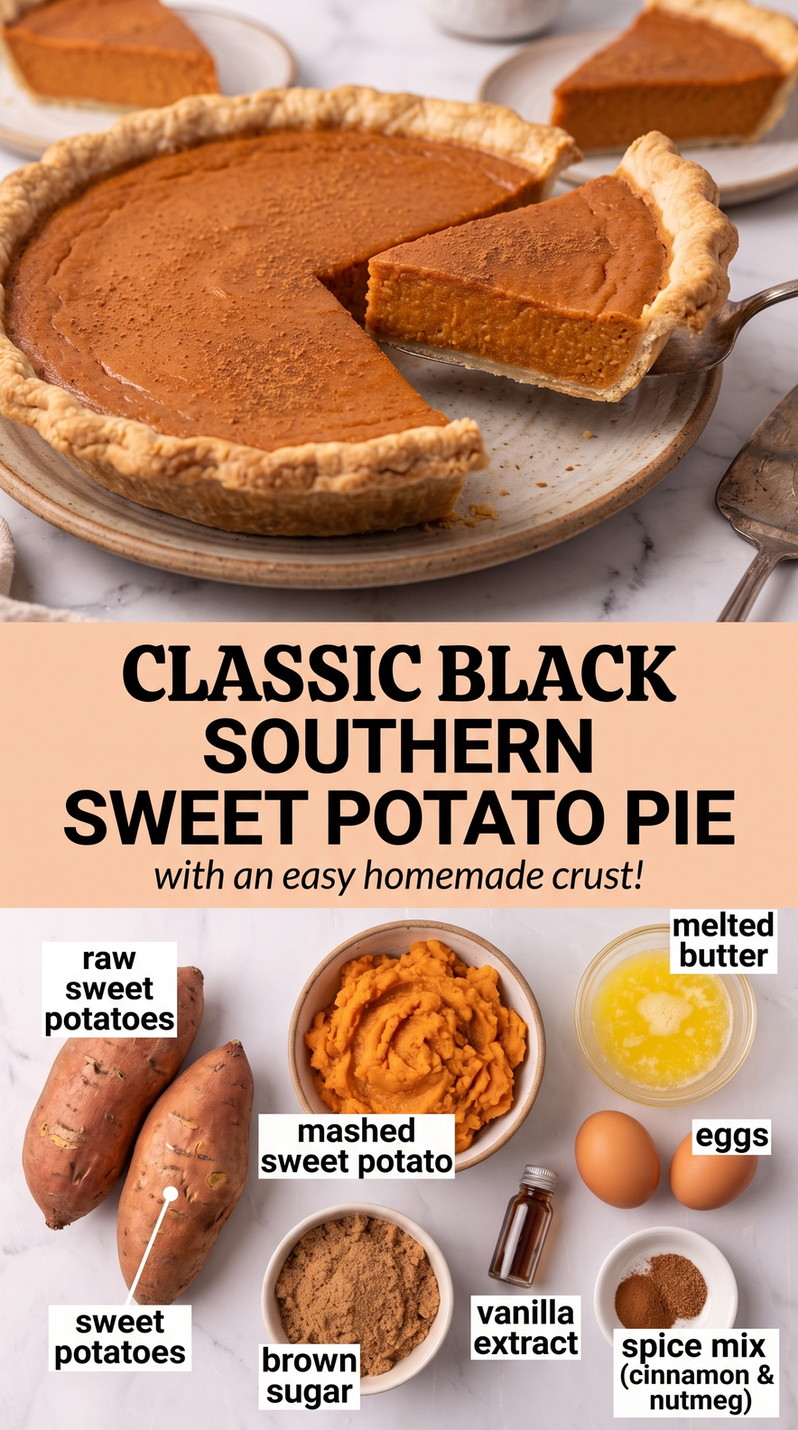 Black Southern sweet potato pie recipe finished dish made with raw sweet potatoes, mashed sweet potato, and melted butter