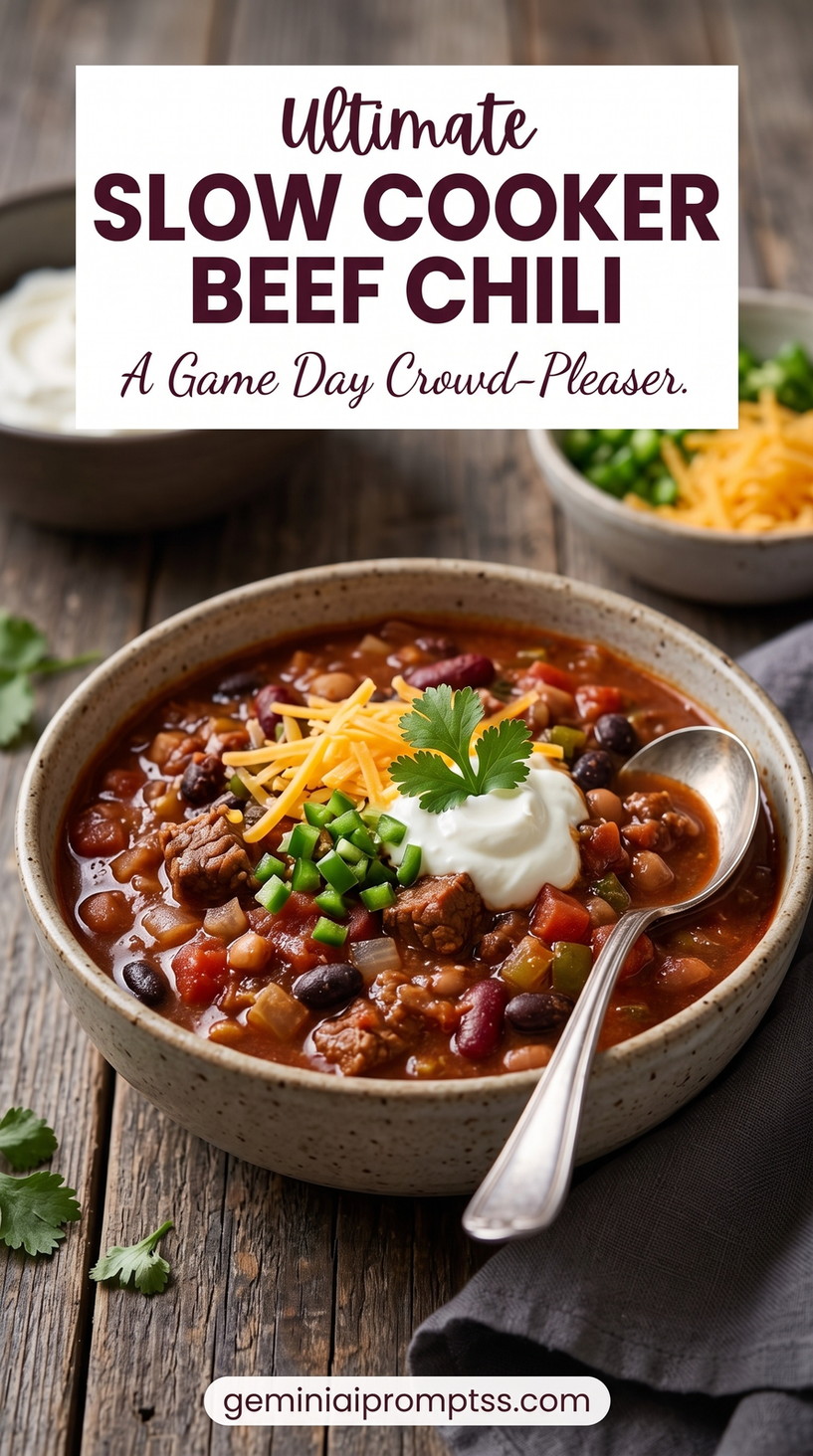 Super Bowl Party Dinner Ideas showing slow-cooker beef chili with beans, tomatoes, cheddar, sour cream, and green onions