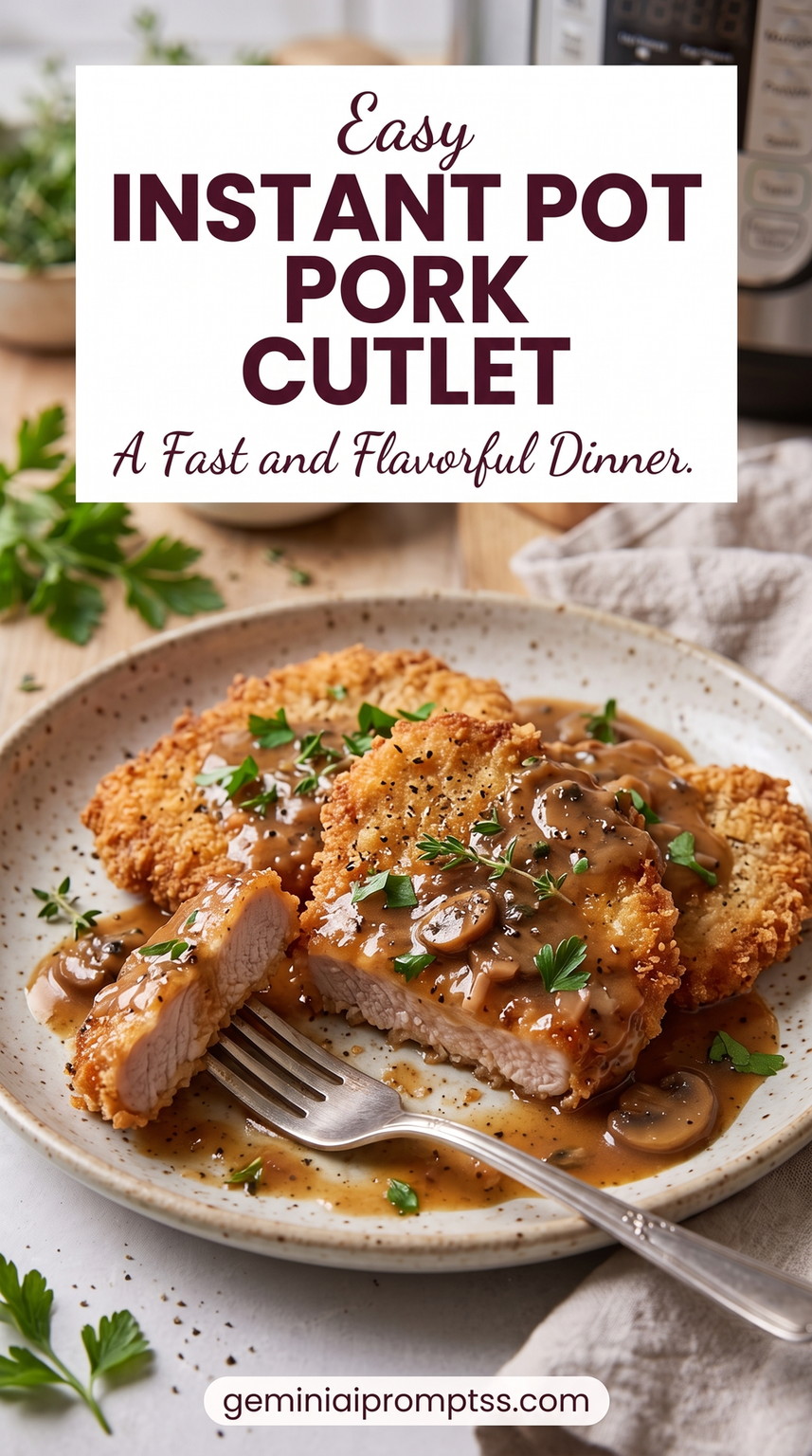 Instant Pot Pork Cutlets with Mushroom-Onion Gravy showing golden pork cutlets with a light mushroom-onion gravy and fresh green herbs