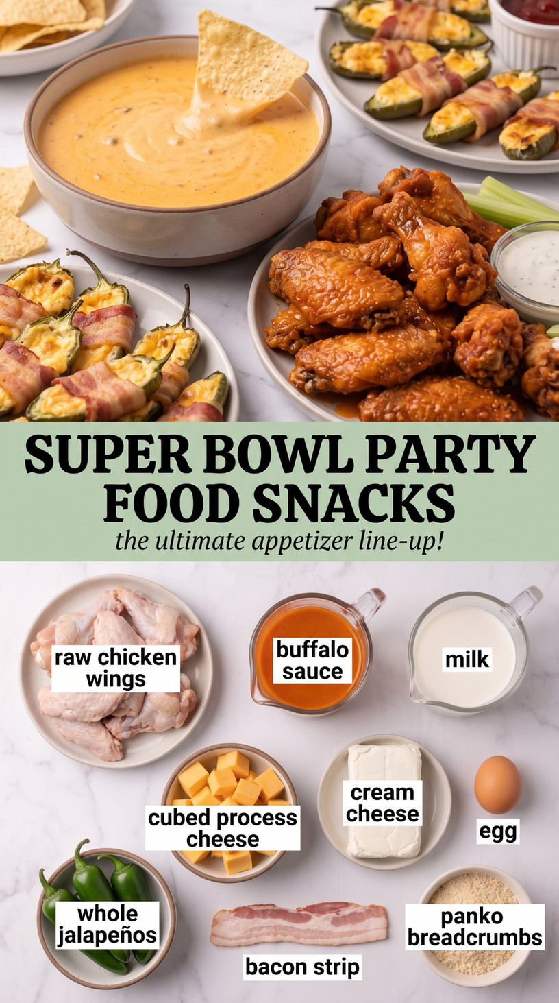 Super Bowl Party Food Snacks showing buffalo wings, cheese-stuffed jalapeño bites, and warm creamy cheese dip