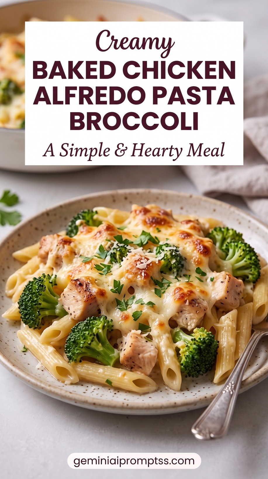 Creamy Garlic-Parmesan Crusted Chicken over Broccoli Pasta with chicken, golden Parmesan crust, herbs, pasta