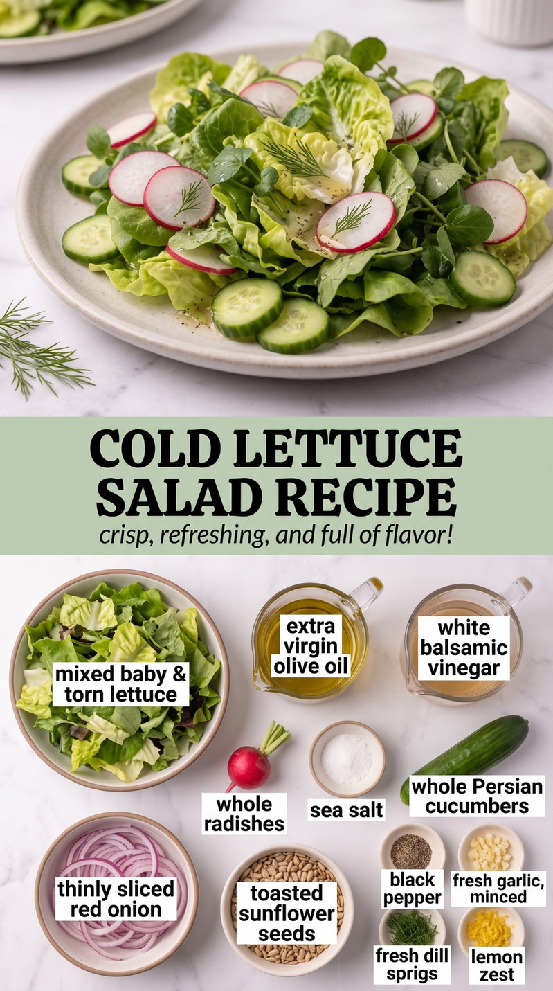 Cold Lettuce Salad Recipes showing a chilled mixed-lettuce salad with cucumber rounds, radishes, red onion and sunflower seeds