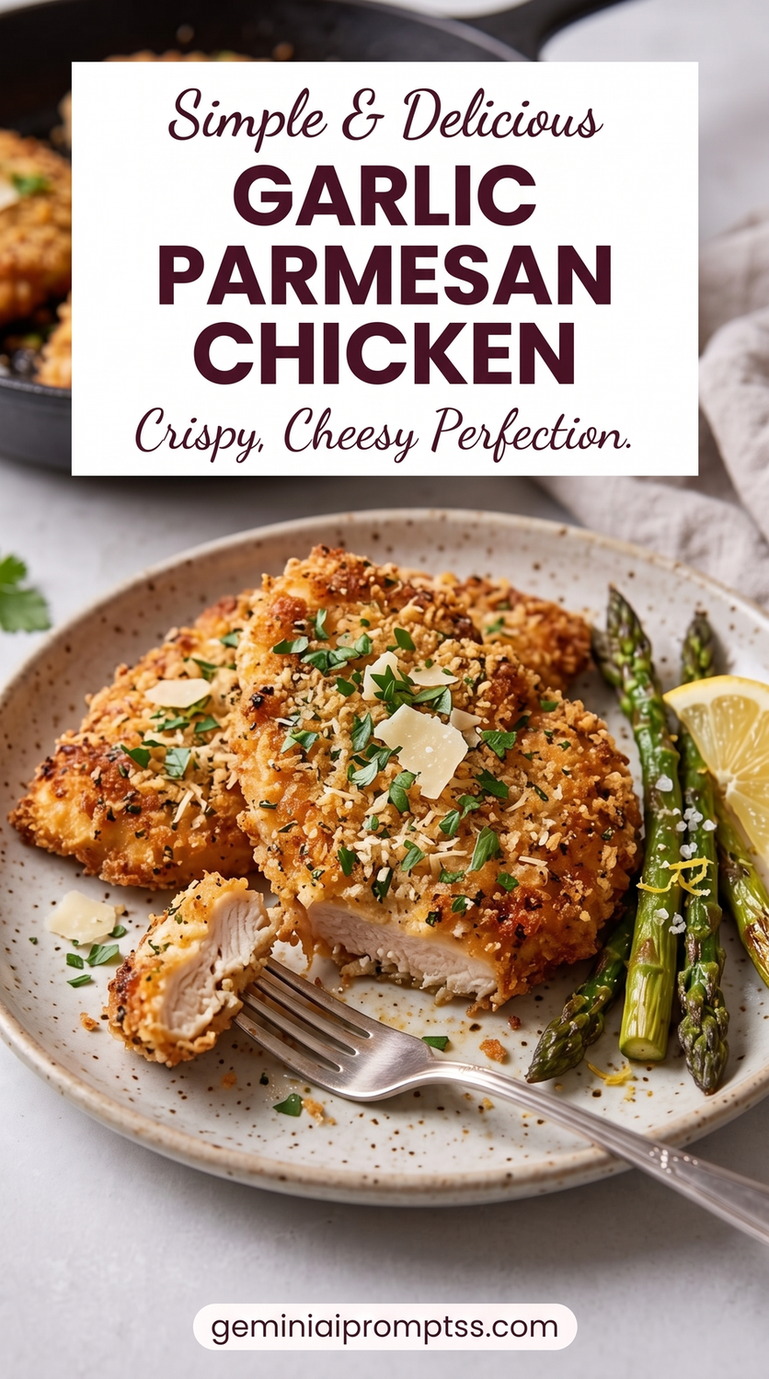 Garlic Parmesan Crusted Chicken Recipe with golden Parmesan-crusted chicken with a crisp, textured top, a fresh green herb garnish, and a simple vegetable side