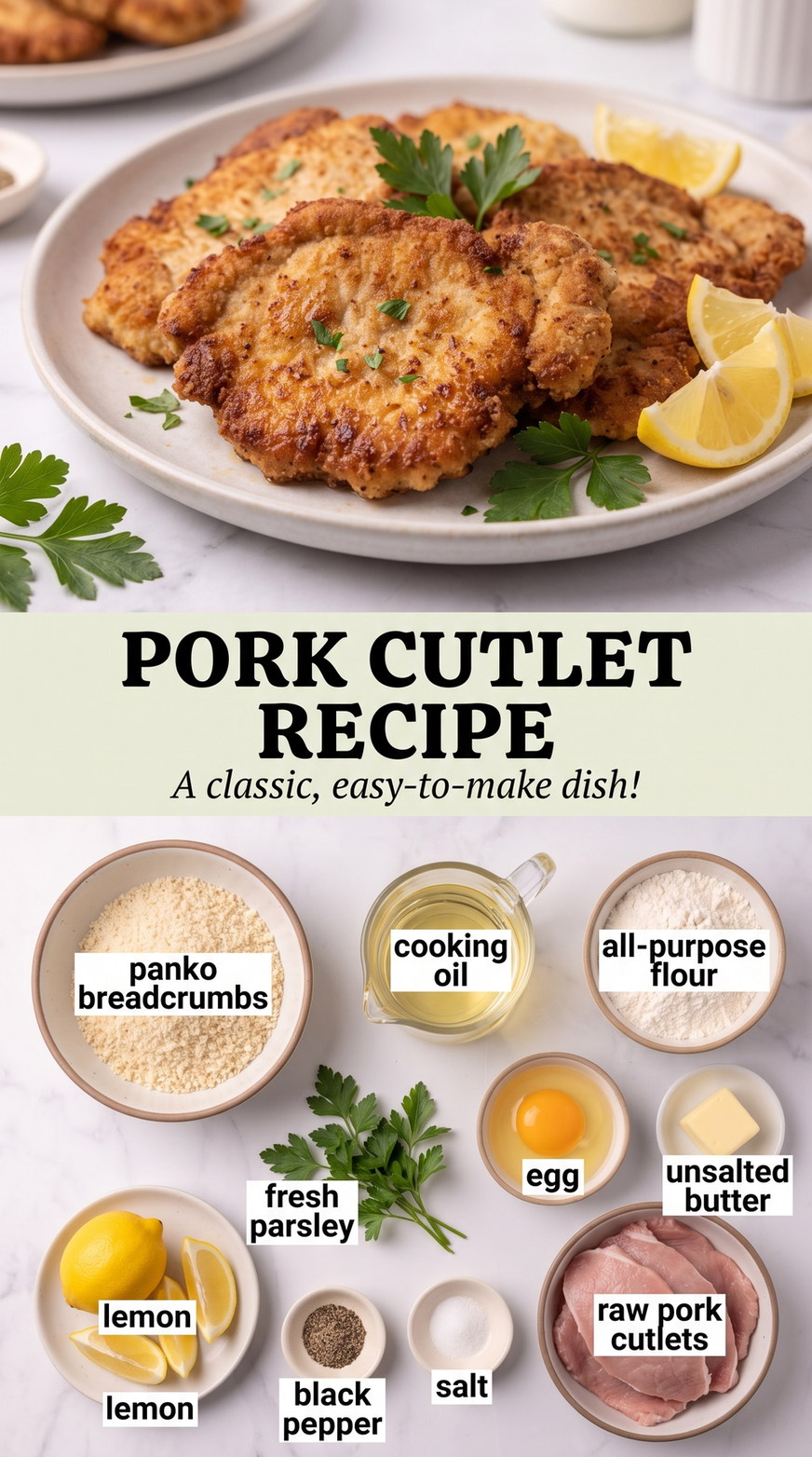Crispy Herb Pork Cutlets with Lemon prepared as a finished pork cutlet recipe recipe with browned cutlets ready to serve