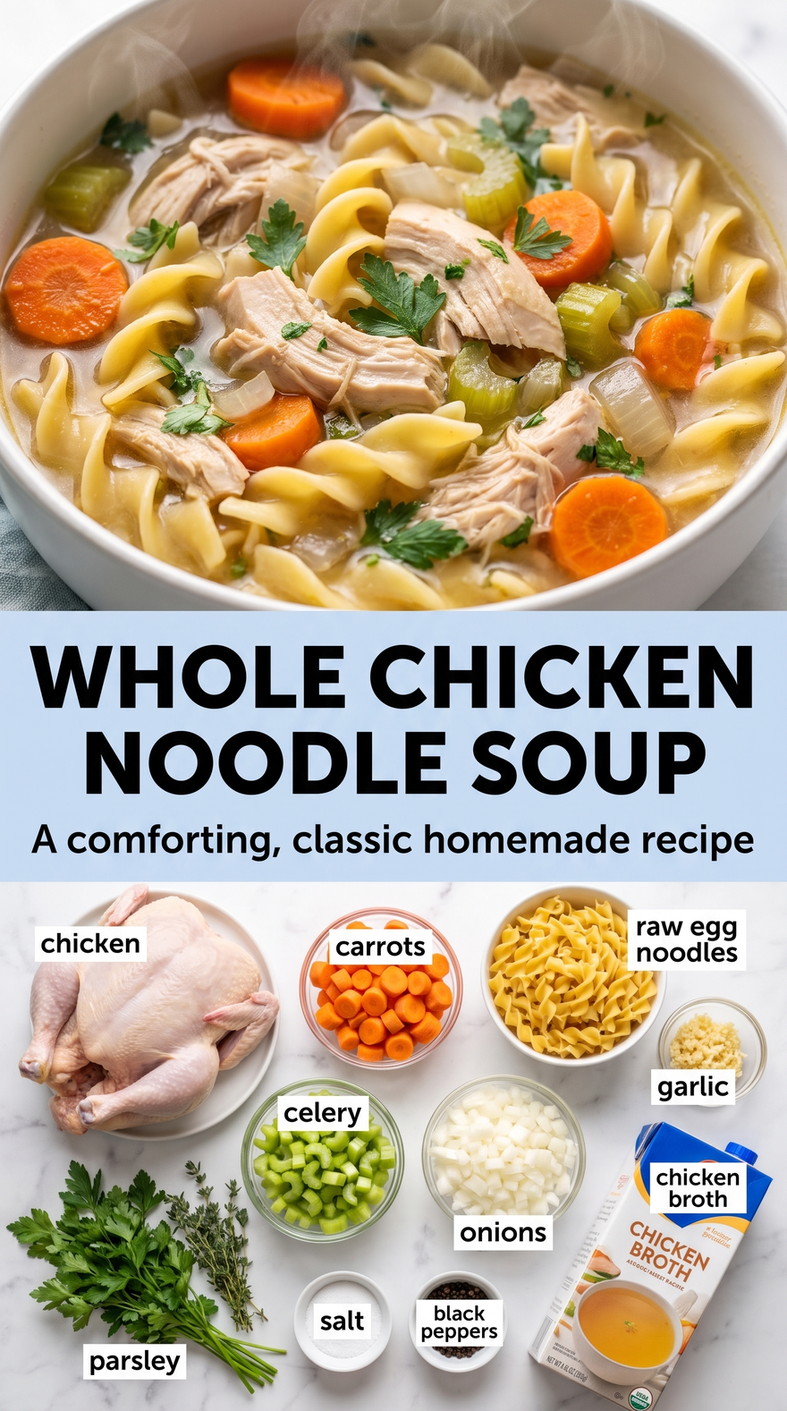 Whole chicken noodle soup showing golden chicken broth with noodles, carrots, celery, and tender chicken
