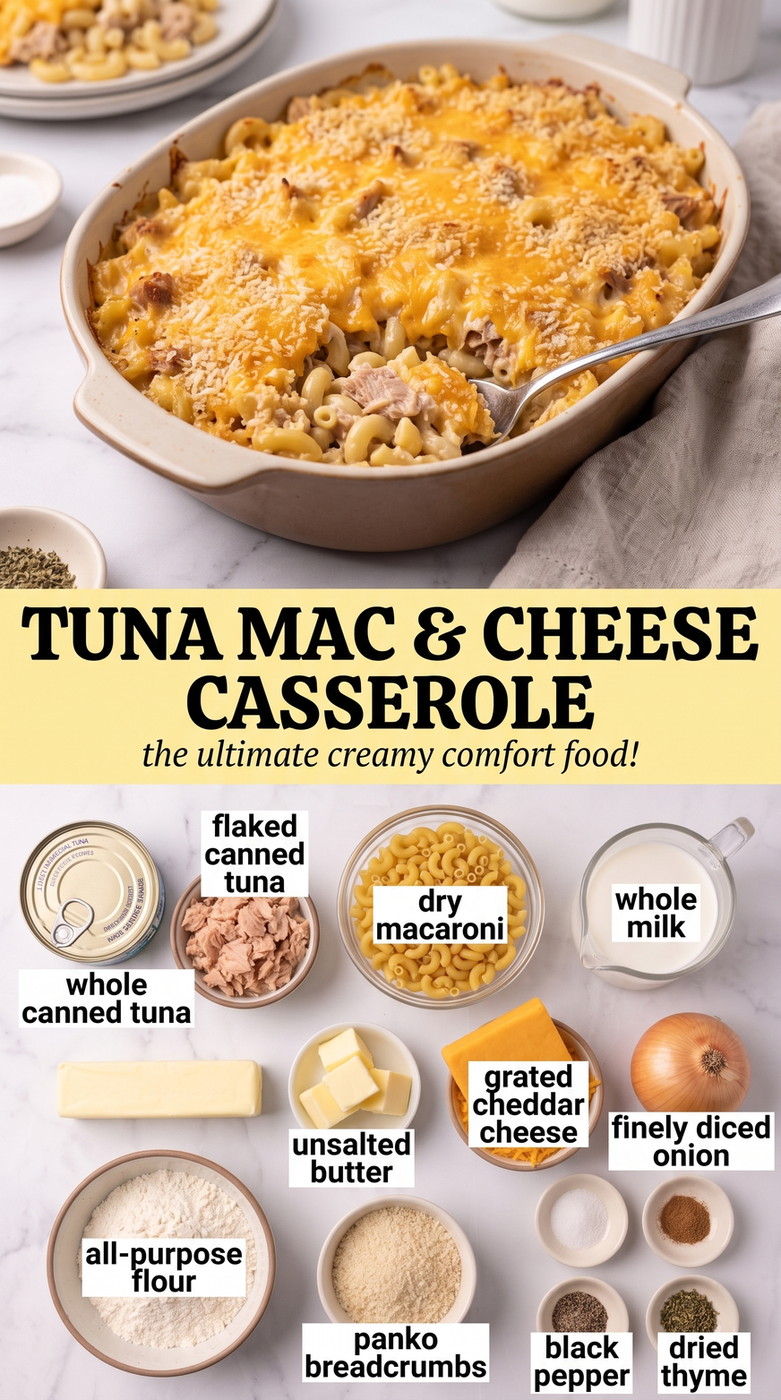 Tuna Mac and Cheese Casserole with creamy tuna macaroni under a browned cheddar-panko crust, with onion and thyme