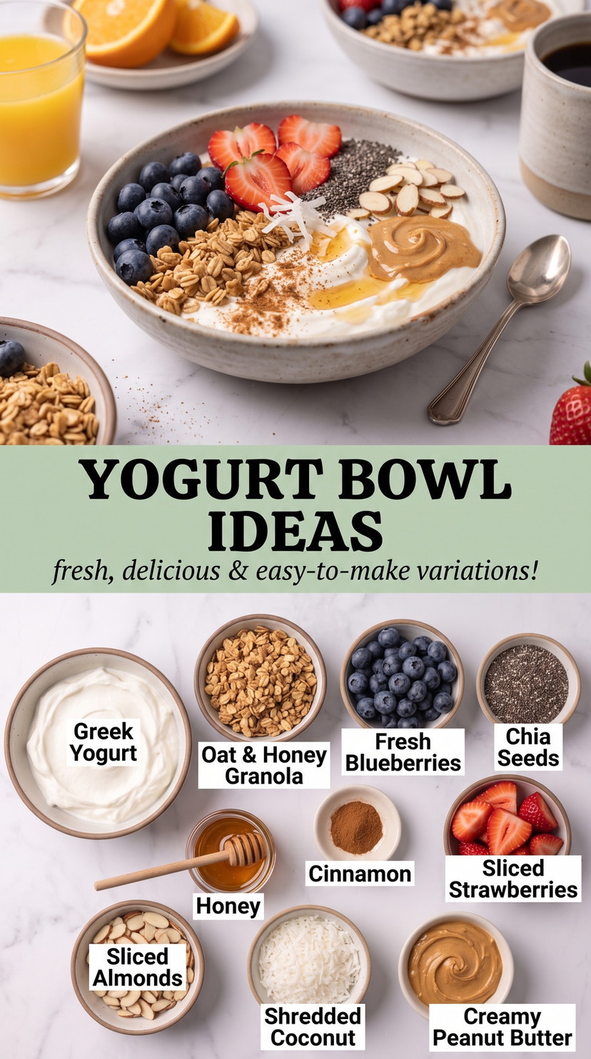 Yogurt Bowl Ideas showing Greek yogurt with blueberries, strawberries, granola, almonds, chia, coconut, peanut butter, and honey