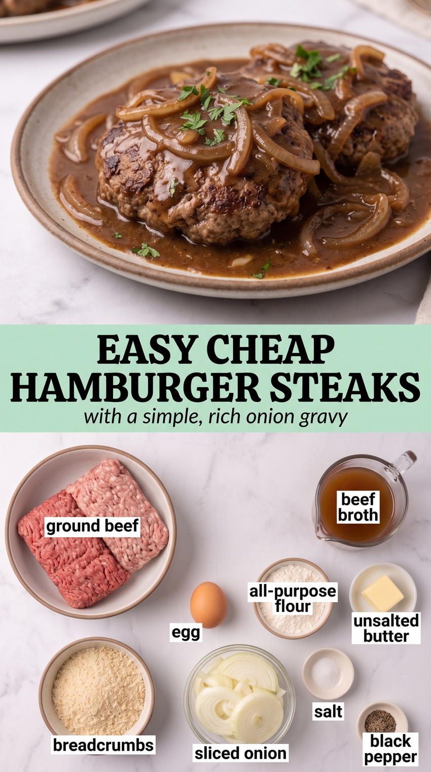 Cheap Hamburger Meat Recipes with hamburger steaks with soft onions and rich brown gravy