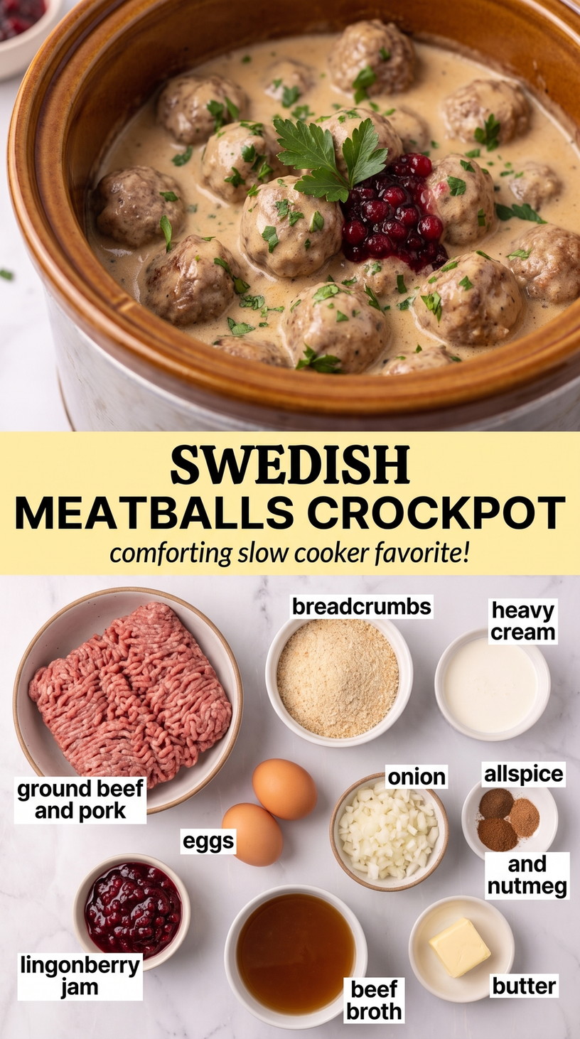 Swedish meatballs crockpot finished dish made with ground beef and pork, breadcrumbs, and heavy cream