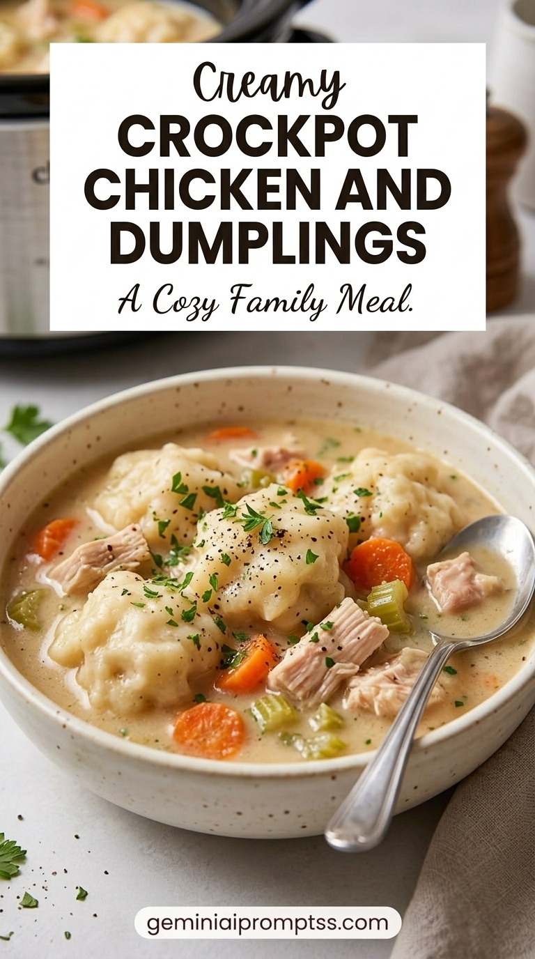 Crockpot Chicken and Dumplings showing a creamy slow-cooker chicken stew with carrots, celery, large fluffy dumplings, and a green herb garnish
