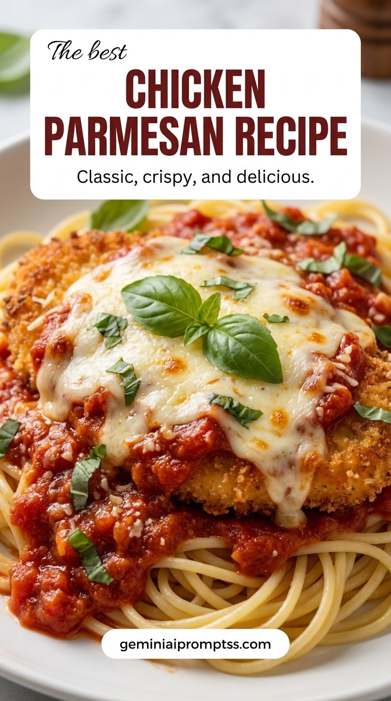 The Best Chicken Parmesan Recipe with golden chicken Parmesan over spaghetti with red tomato sauce, melted cheese, Parmesan, and basil