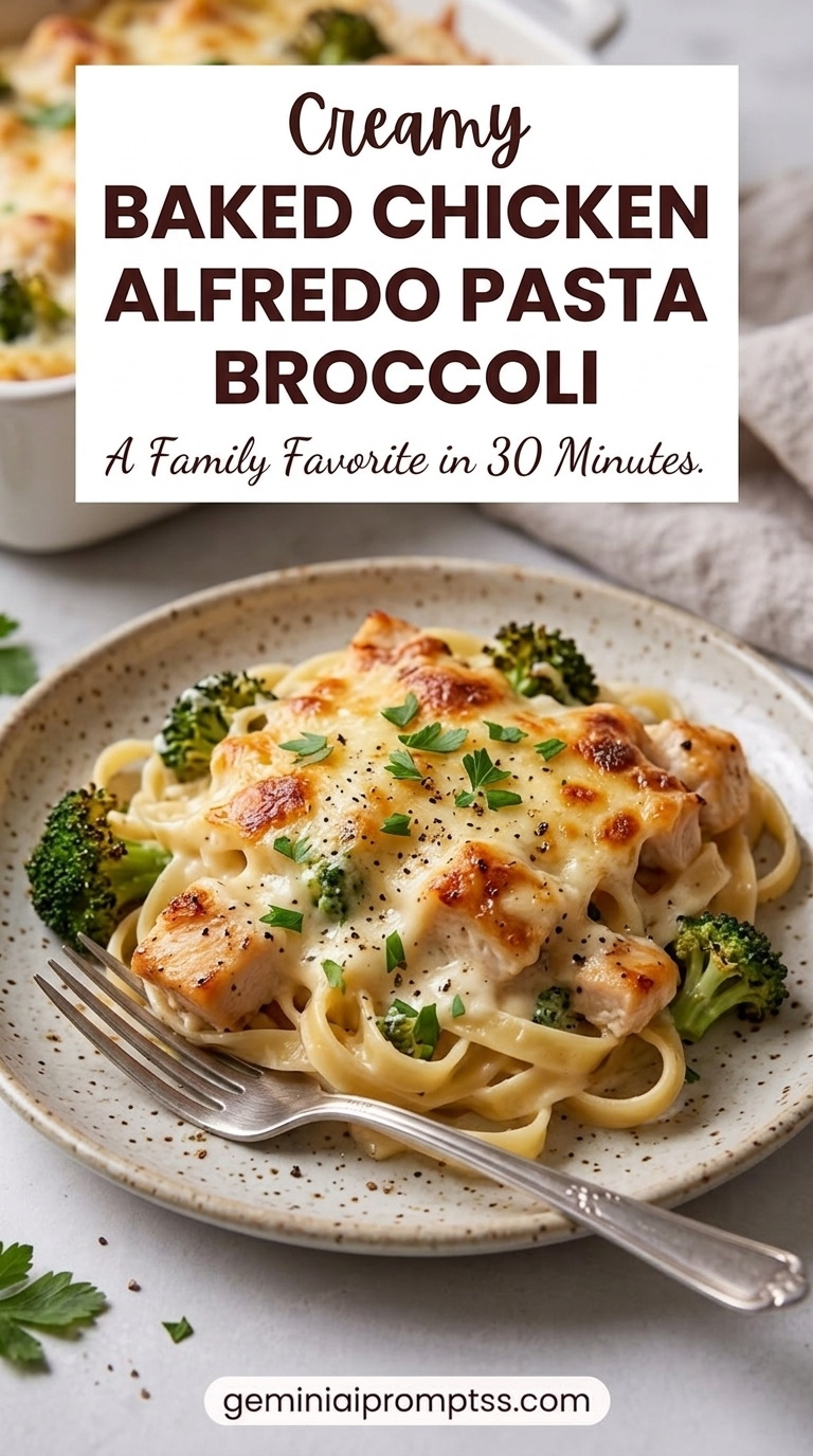 Baked Chicken Alfredo Pasta Broccoli finished dish with broccoli florets