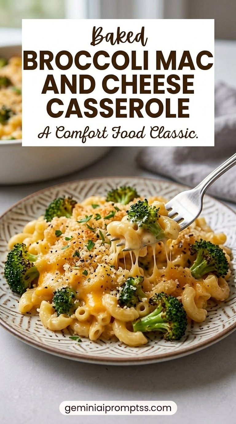 Broccoli Mac and Cheese Casserole showing creamy macaroni with broccoli, cheddar, Parmesan, golden crumbs, and herbs