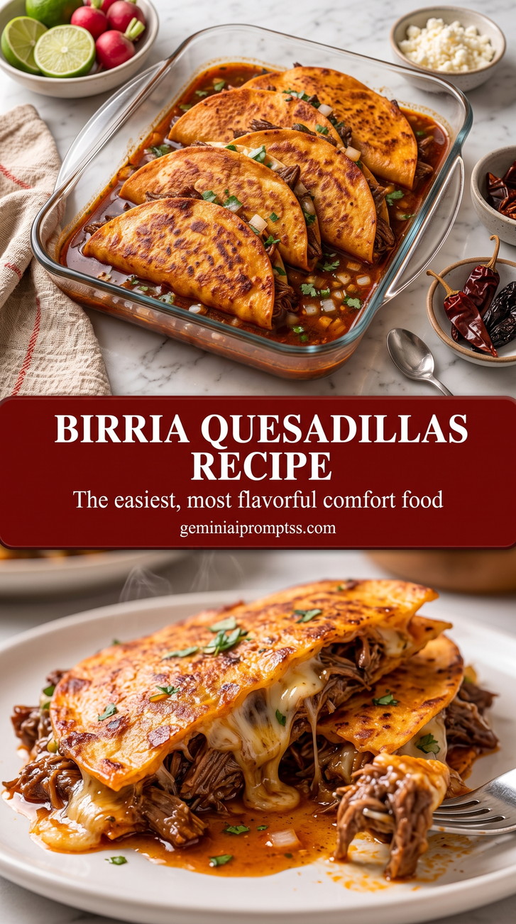 Beef Birria Quesadillas with Consome finished dish with deeply browned red tortillas, shredded beef, melted cheese, onion, cilantro, and dipping broth