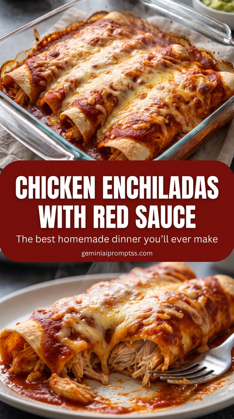 red sauce chicken enchiladas with shredded chicken, red sauce, cheese, and cilantro
