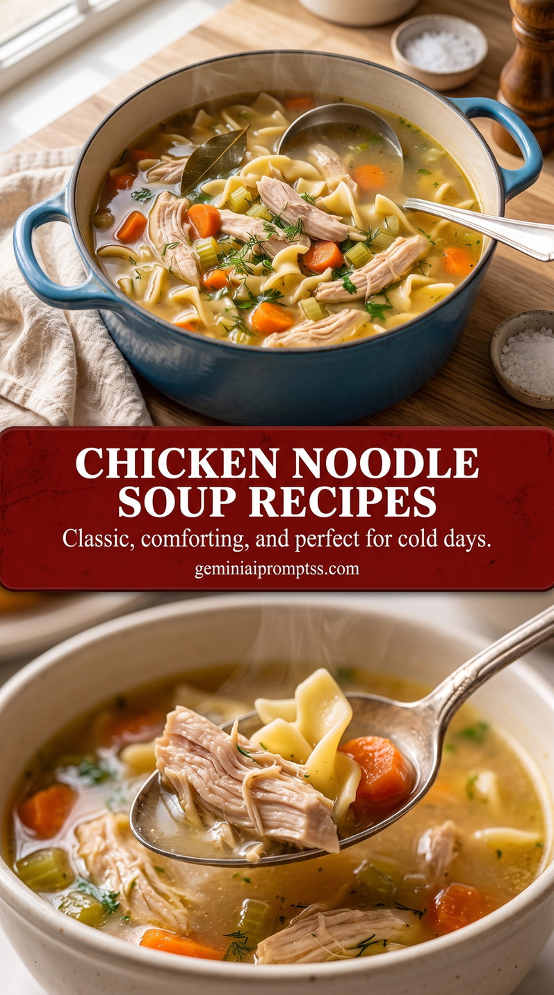 Chicken Noodle Soup Recipes with tender chicken, noodles, carrots, celery, clear golden broth, and a light herb finish