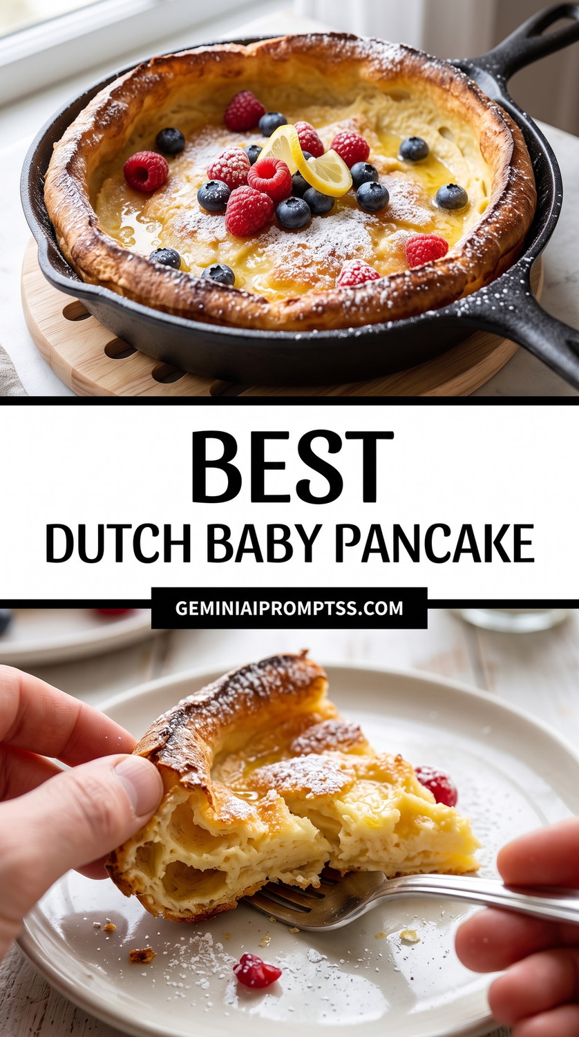 Best Dutch Baby Pancake showing high-rimmed Dutch baby with mixed berries, a glossy buttery center, lemon and powdered sugar