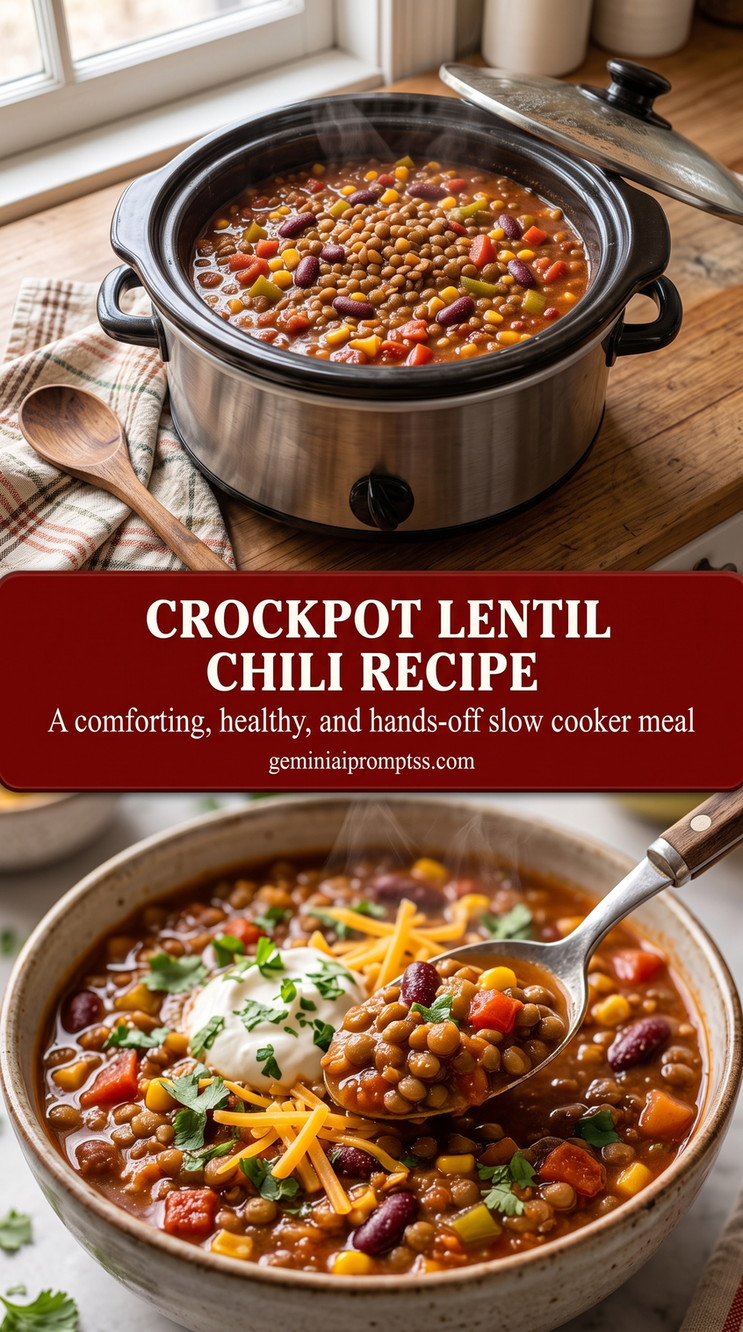 crockpot lentil chili recipe with a lentil chili with brown lentils, kidney beans, corn, peppers, tomato, cheddar, a white creamy topping, and herbs