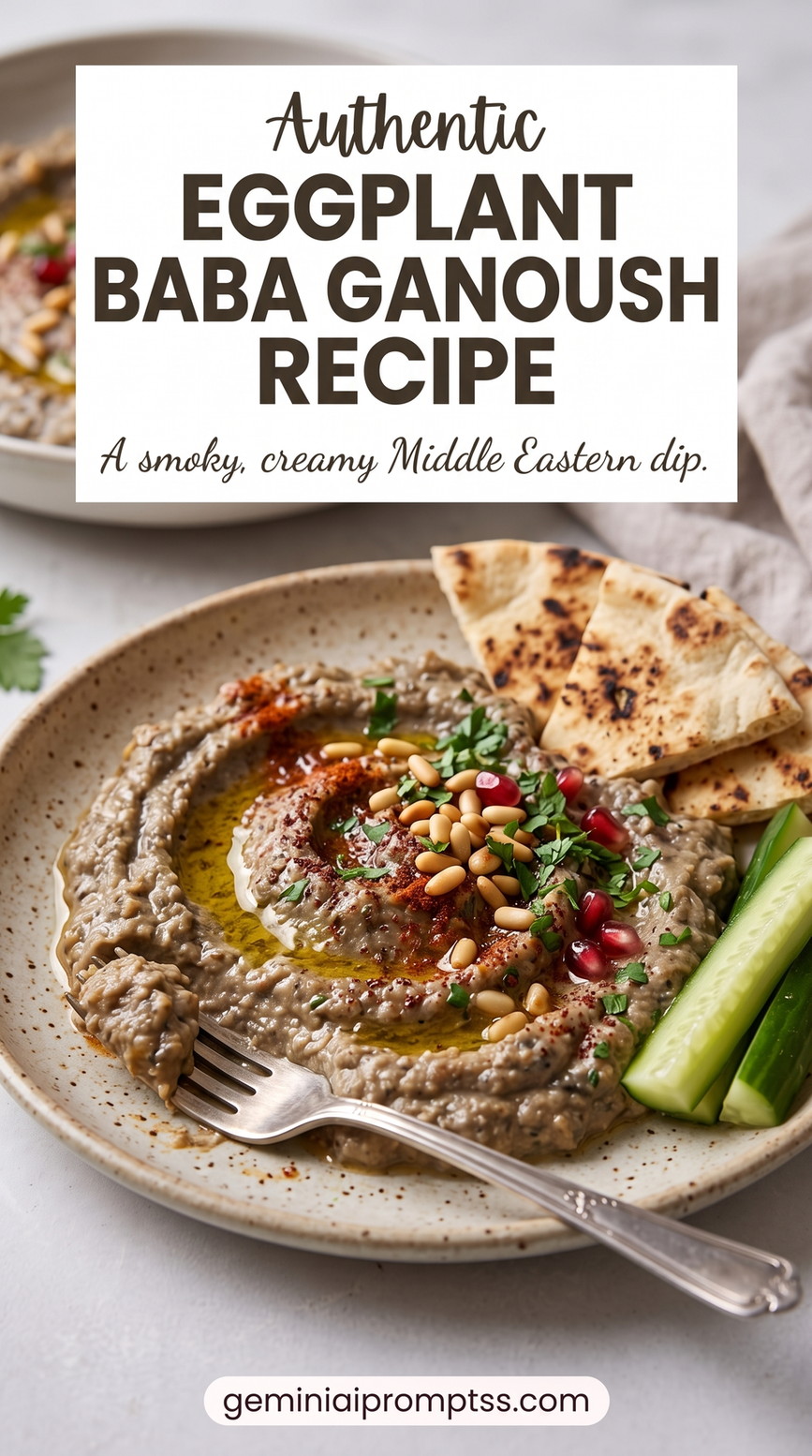 Smoky Roasted Eggplant Baba Ganoush showing creamy baba ganoush with olive oil, pine nuts, red garnish, herbs, and pita