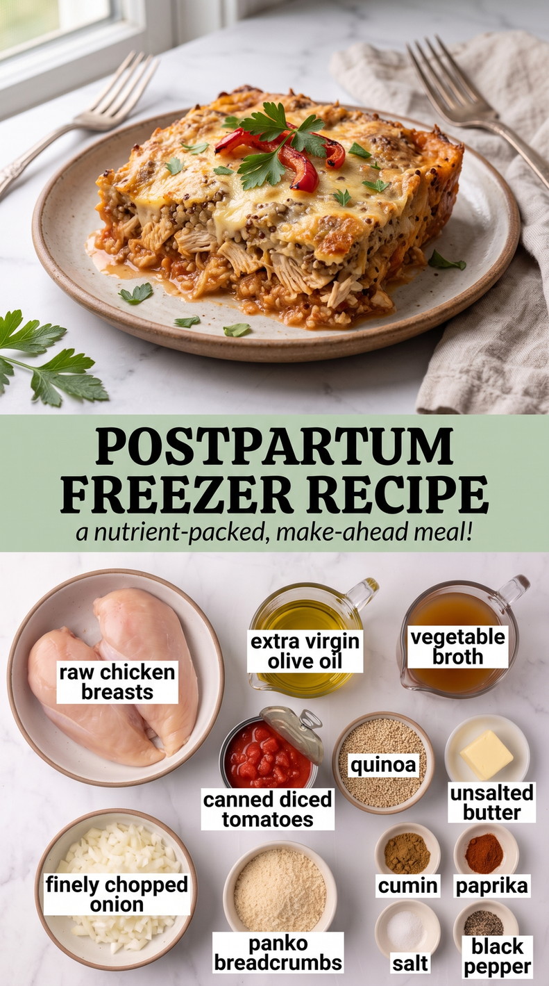Postpartum Freezer Recipes showing a make-ahead chicken and quinoa tomato casserole with a crisp breadcrumb top