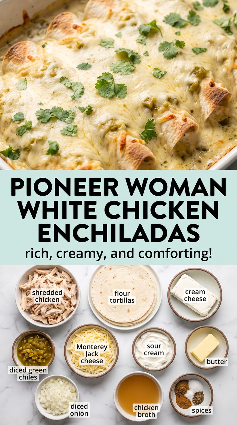 Pioneer Woman-Style White Chicken Enchiladas - creamy baked chicken enchiladas with melted cheese and green chile sauce