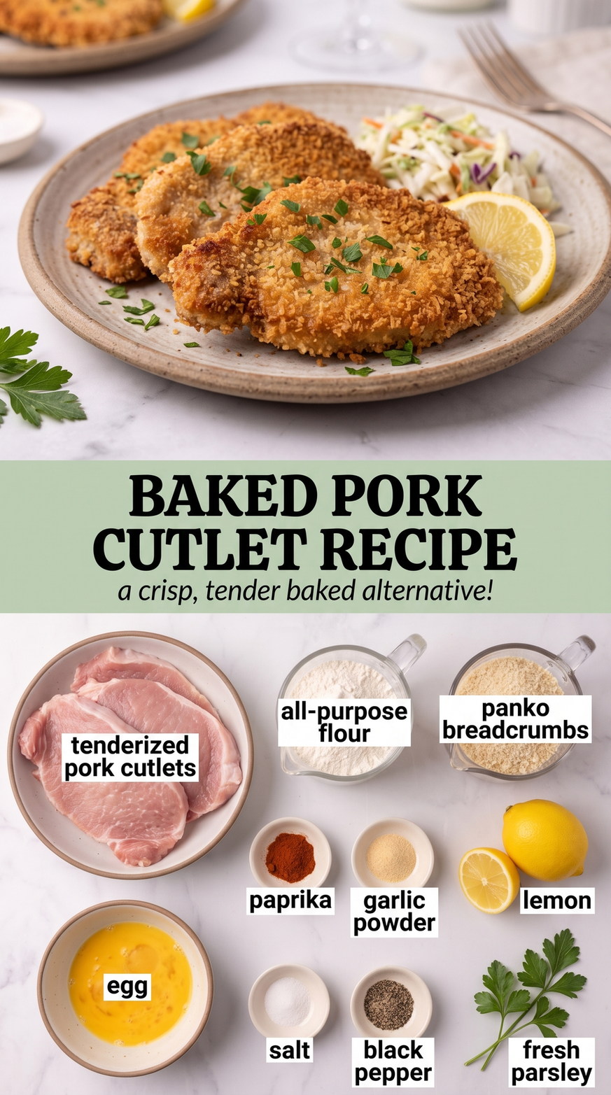 Baked Dijon-Herb Pork Cutlets prepared as a finished baked pork cutlet recipe recipe with browned cutlets ready to serve