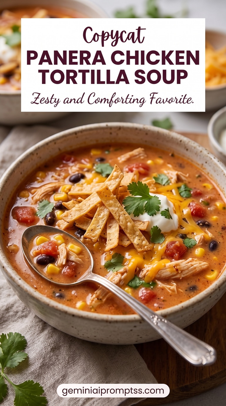 Panera Chicken Tortilla Soup with shredded chicken, tortilla strips, avocado, beans, corn, lime, and a red tomato-chile broth