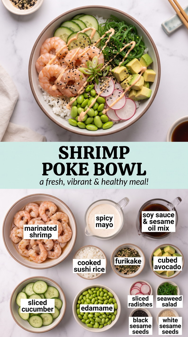 Shrimp Poke Bowl showing shrimp with rice, avocado, cucumber, edamame, radish, seaweed salad, sesame, and spicy dressing