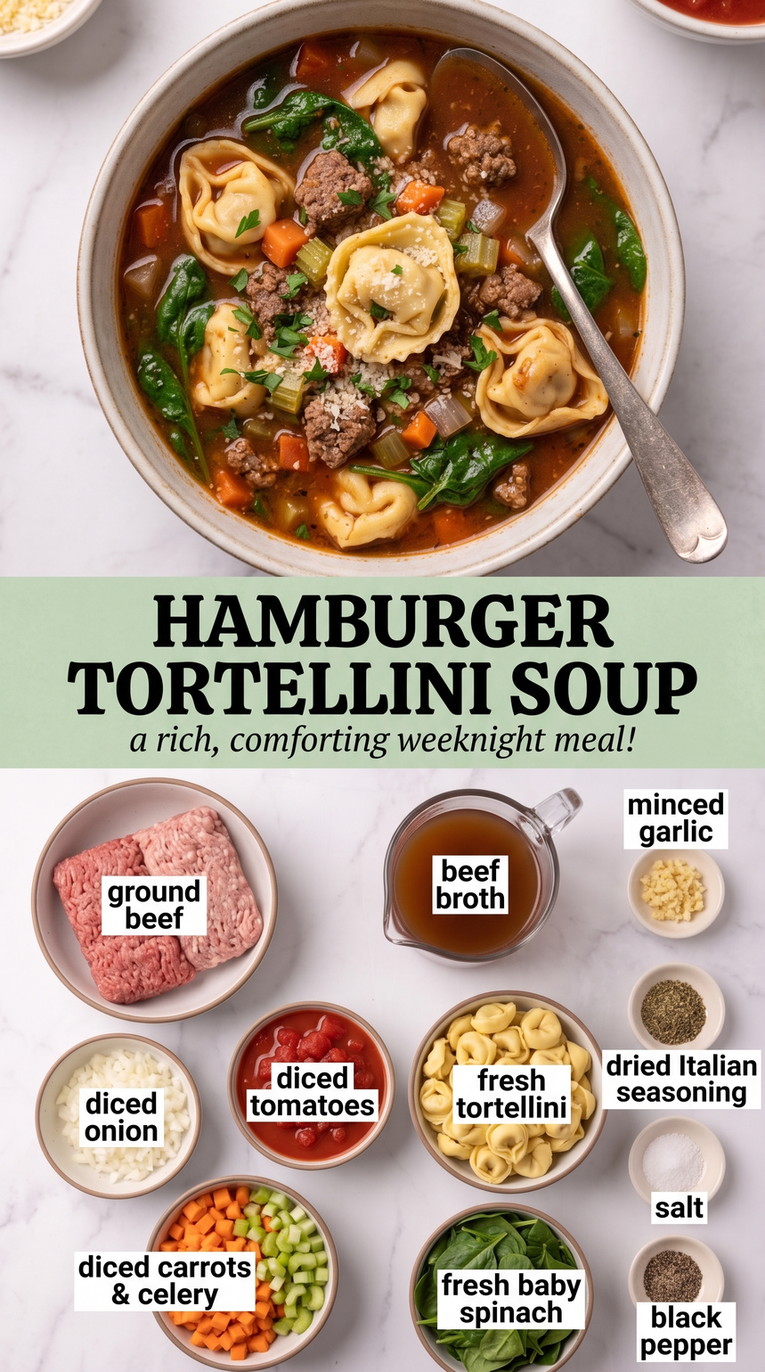 Hamburger Tortellini Soup with hamburger tortellini soup with beef, tomatoes, carrots, celery, spinach, and cheese tortellini