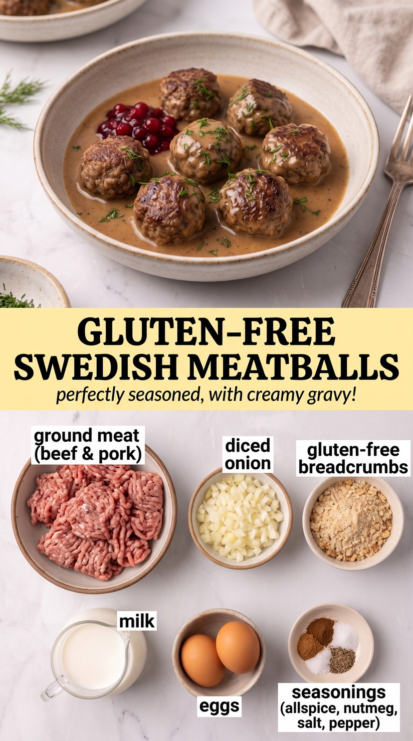 Gluten-free Swedish meatballs finished dish made with ground beef and pork, diced onion, and gluten-free breadcrumbs